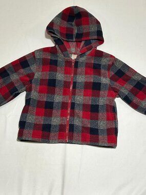 Gymboree Boys 18-24 Months Red Gray Plaid Hood Zipper Lightweight Fleece Jacket